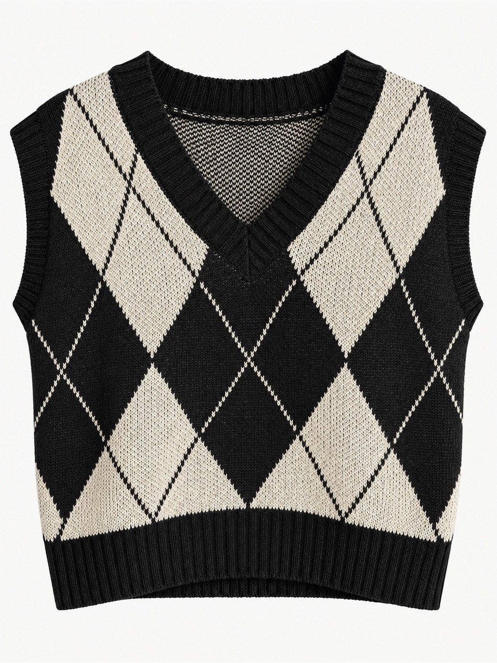 Vintage Black & White Argyle Print V-Neck Knit Sweater Vest Size M/L